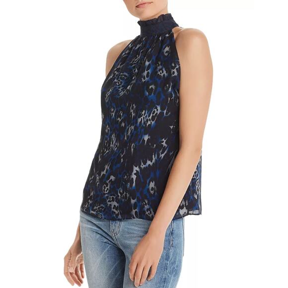 RAMY BROOK Allymay Sleeveless Silk Top Leopard Animal Print Navy Blue Women's L - Picture 3 of 15